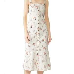 Finders Keepers Sz M Floral Printed Square Neck Midi Dress Ivory Dainty Feminine